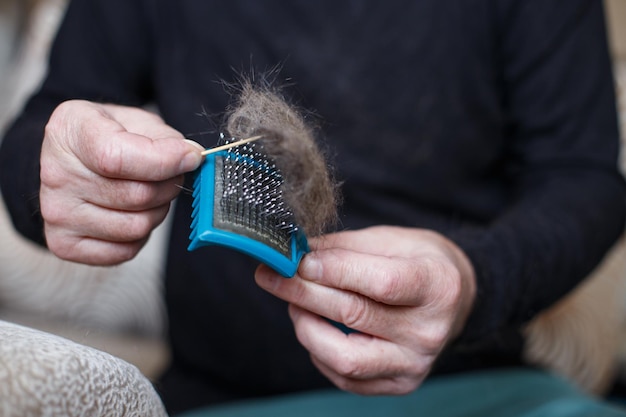 A man's hand holding the cat comb brush with gray fur and cleaning it.