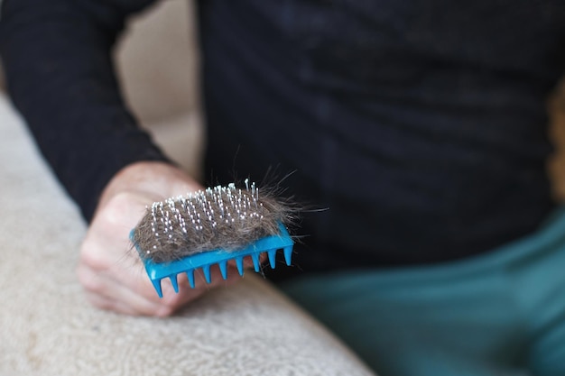 A man's hand holding the cat comb brush with gray fur