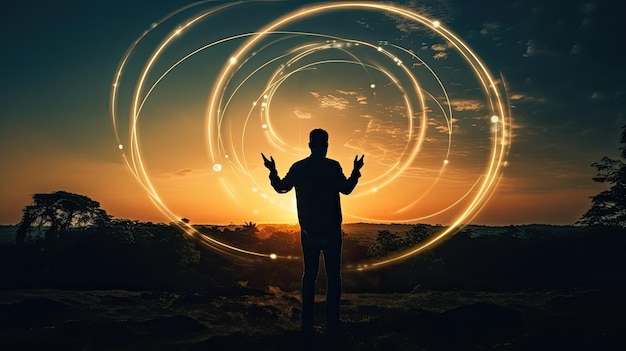 Man s hand holding a circle online networking futuristic technology concept at sunset
