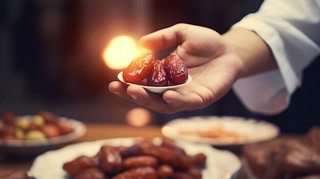 Foto mano d'uomo che tiene un dattero sul tavolo da pranzo al festival del ramadan