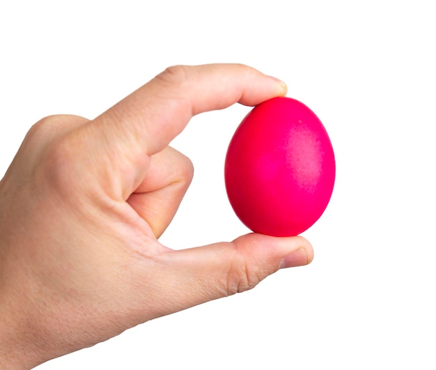 Man's hand holding an red egg, isolated on white.