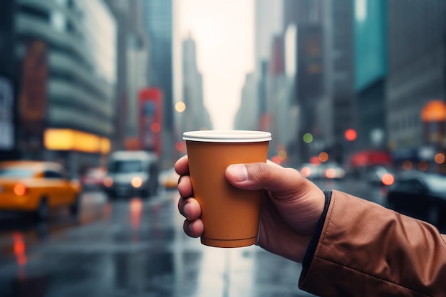 Man's hand holding takeaway paper coffee cup against the backdrop of skyscrapers Coffee paper cup mock up