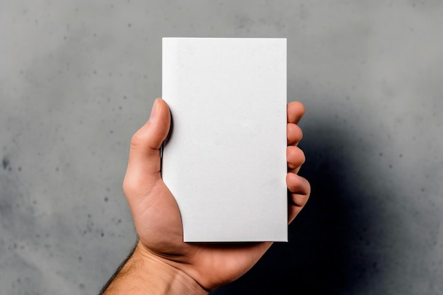 Photo man's hand holds a card blank mockup on gray background ai generated