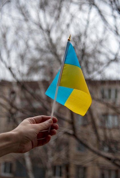 A man's hand holds the Ukrainian flag on a stick against the background of a gray sky and tree branches and civil building