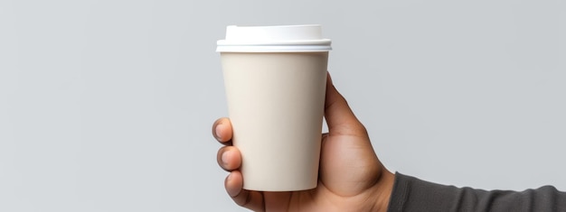 A man's hand holds a white paper coffee cup with a white lid on a white isolated background Created with Generative AI technology