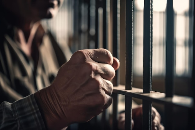 A man's hand is on the bars of a prison cell.