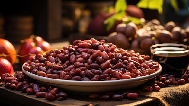 a man's hand is holding a wooden bowl full of grapes