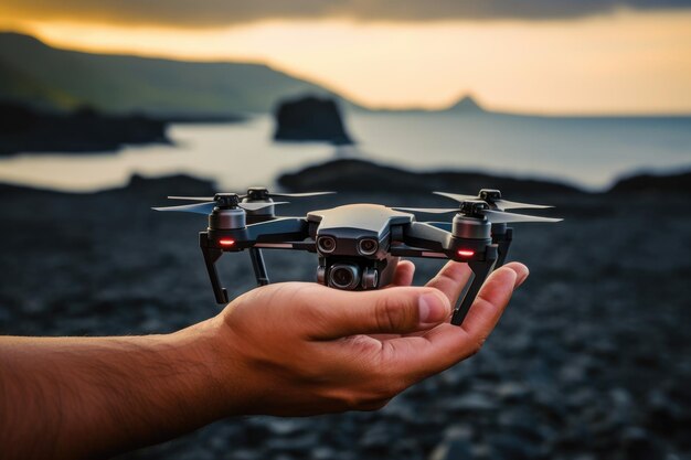 Man's hand met drone buiten zee met zwart zand in achtergrondpanorama Generatieve Ai