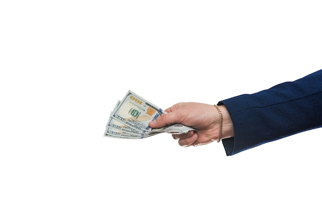 Man's hand in suit giving us dollar isolated