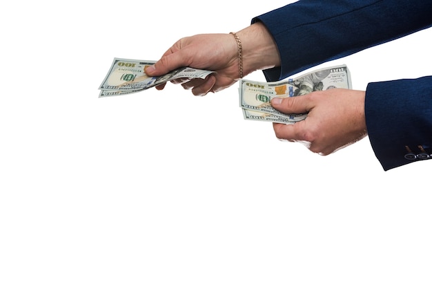 Man's hand in suit giving us dollar isolated