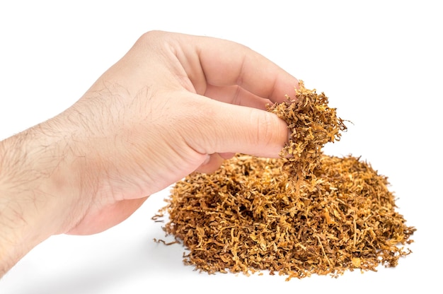 Man's hand taking cut tobacco from pile on white