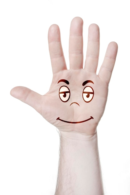 Фото Мужская рука с открытой ладонью с рисунком эмоциональных лиц
