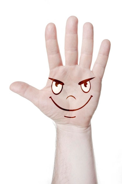 Man's hand with an open palm with a pattern of emotional faces