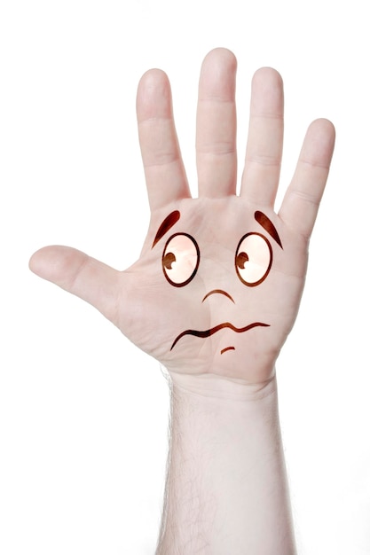 Man's hand with an open palm with a pattern of emotional faces