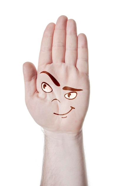 Man's hand with an open palm with a pattern of emotional faces