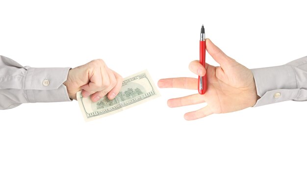 Man's hand with outstretched dollar bills to pay for writing. Business and Finance.