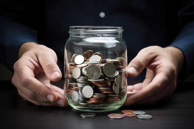 Man's handen met munten in glazen pot Geld besparen concept Zakenman geld besparen in een glazen pot bovenste gedeelte bijgesneden geen handvervorming AI gegenereerd