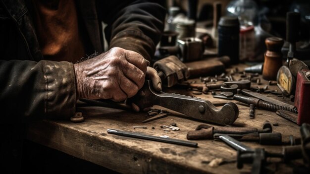 A man's hands are holding a tool in a workshop.