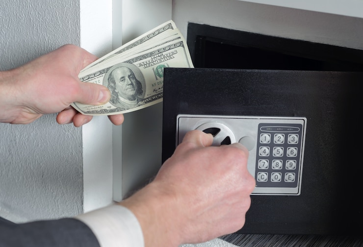 Photo man's hands are putting dollar bills to the safe