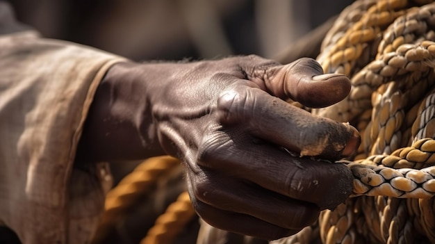 A man's hands are working on a rope.