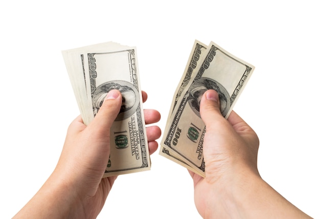 Man's hands count cash, isolated on white