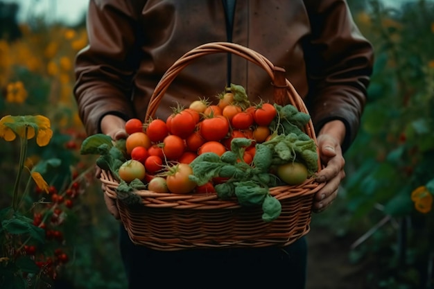 Man's hands hold a basket with the harvest on the background of the farm closeup Generative AI illustration