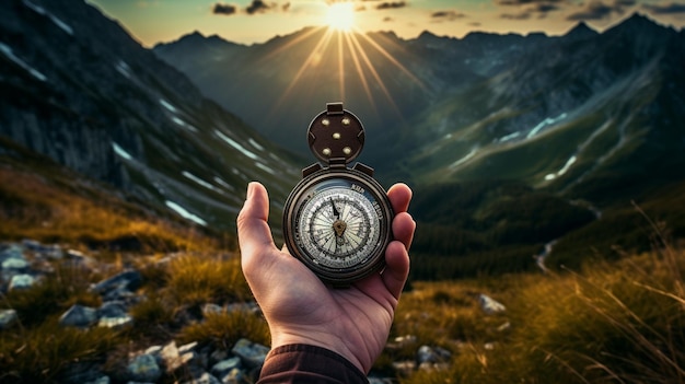 Man's hands holding a compass on the background of an epic landscape with rocks AI Generative AI