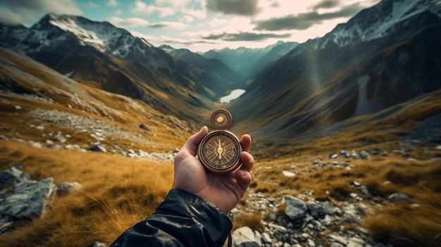 Man's hands holding a compass on the background of an epic landscape with rocks AI Generative AI