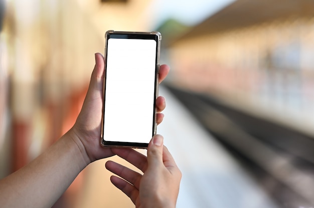 Man's Hands holding mockup smartphone with outdoor perspective.