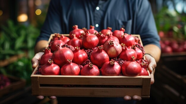 a man's hands holding a wooden box with pomegranate fruit