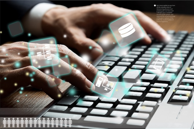 Photo man's hands typing on keyboard. close up