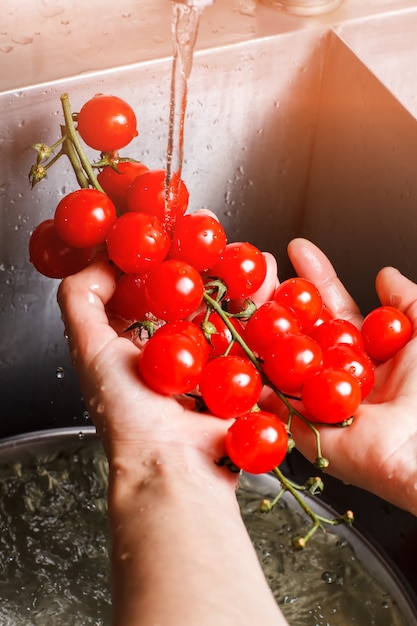 Man&#39;s hands washing red tomatoes. Water flows on tomato branch. Hygiene is important in cooking. Lots of vitamins and minerals.