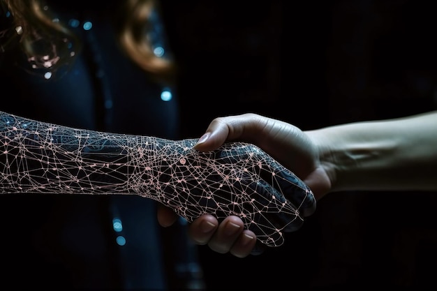 Человеческое рукопожатие и нейронные сети Концепция сотрудничества и партнерства между людьми и искусственным интеллектом Генеративная ИИ иллюстрация
