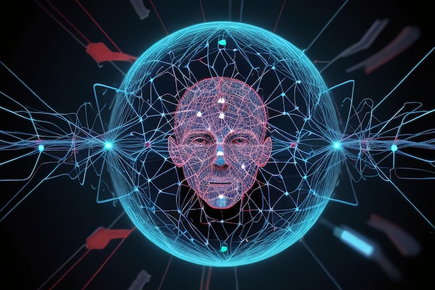 Foto la testa di un uomo con una rete di linee e punti collegati in tendenza sul rilevamento quantistico delle onde