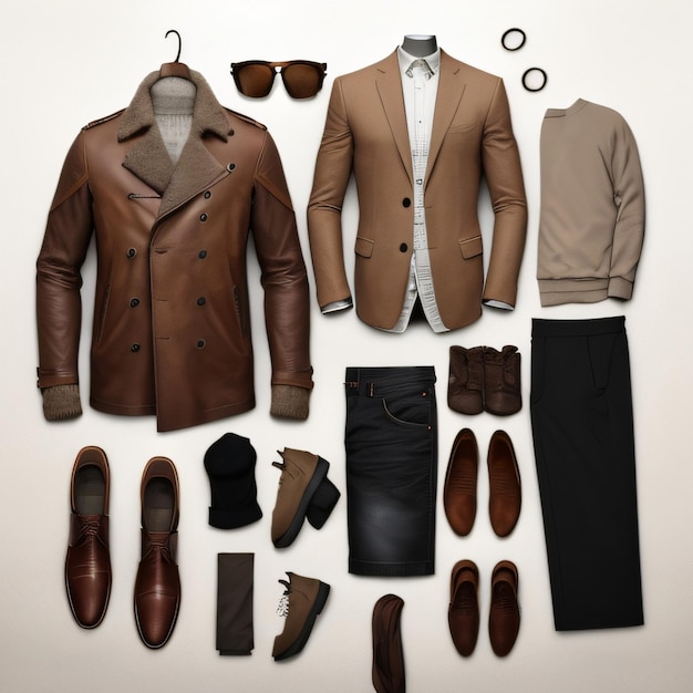 A man's jacket is next to a jacket, shoes, and a jacket.