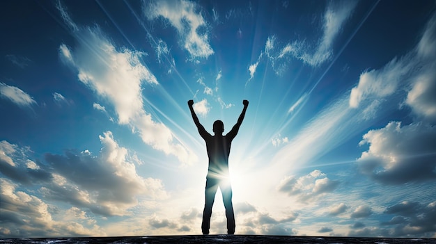 Man s silhouette against blue sky in victorious pose