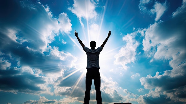 Man s silhouette against blue sky in victorious pose