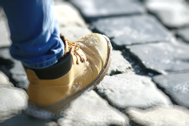 man's voet in een schoen op een straatsteen, een voetganger,