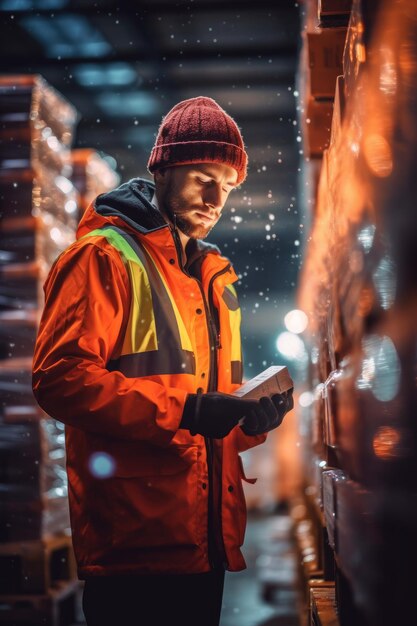 A man in a safety jacket reads a book in a warehouse.