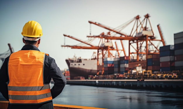 Photo a man in a safety vest looking at a large ship