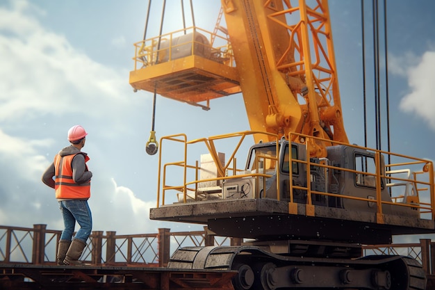 A man in a safety vest stands next to a large crane.