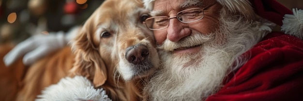 Man in Santa Suit Hugging Dog