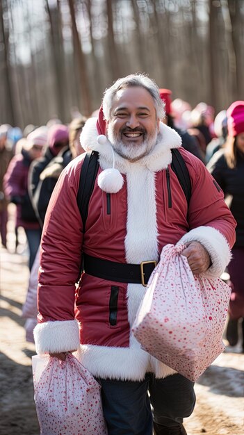 Photo a man in a santa suit is wearing a santa hat