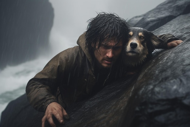 Человек спасает животное с обрыва в дождь
