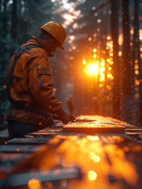 Man sawing wood in the forest at sunset