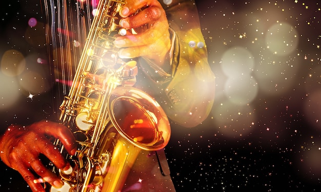 Man saxophonist playing jazz on music instrument saxophone