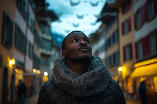 a man in a scarf looking up at the sky