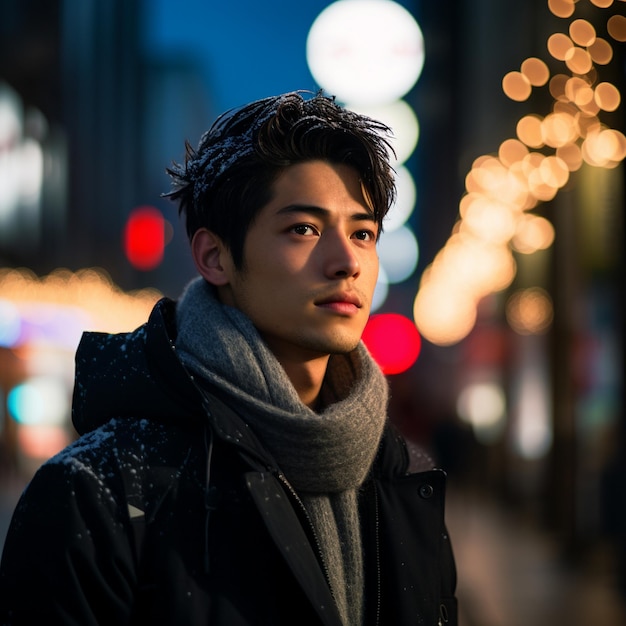 a man in a scarf stands in front of a city street.