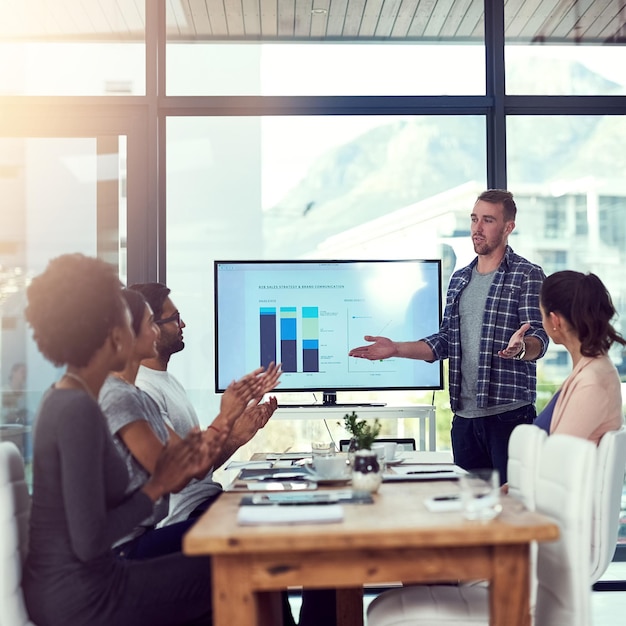 Man scherm en presentatie in het kantoor voor sales review b2b voorstel en team met applaus Mannelijke ondernemer tech en praten in een vergadering met klappen werknemers viering en marketing agentschap