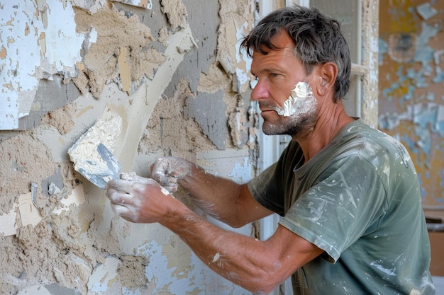 Foto man schildert muur met witte verf